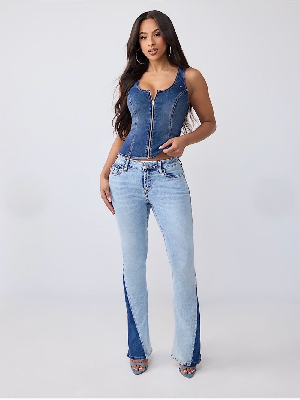 NEW True Religion JOEY Two-Tone Mid Rise Light & Dark Flare Blue Jeans SZ 27